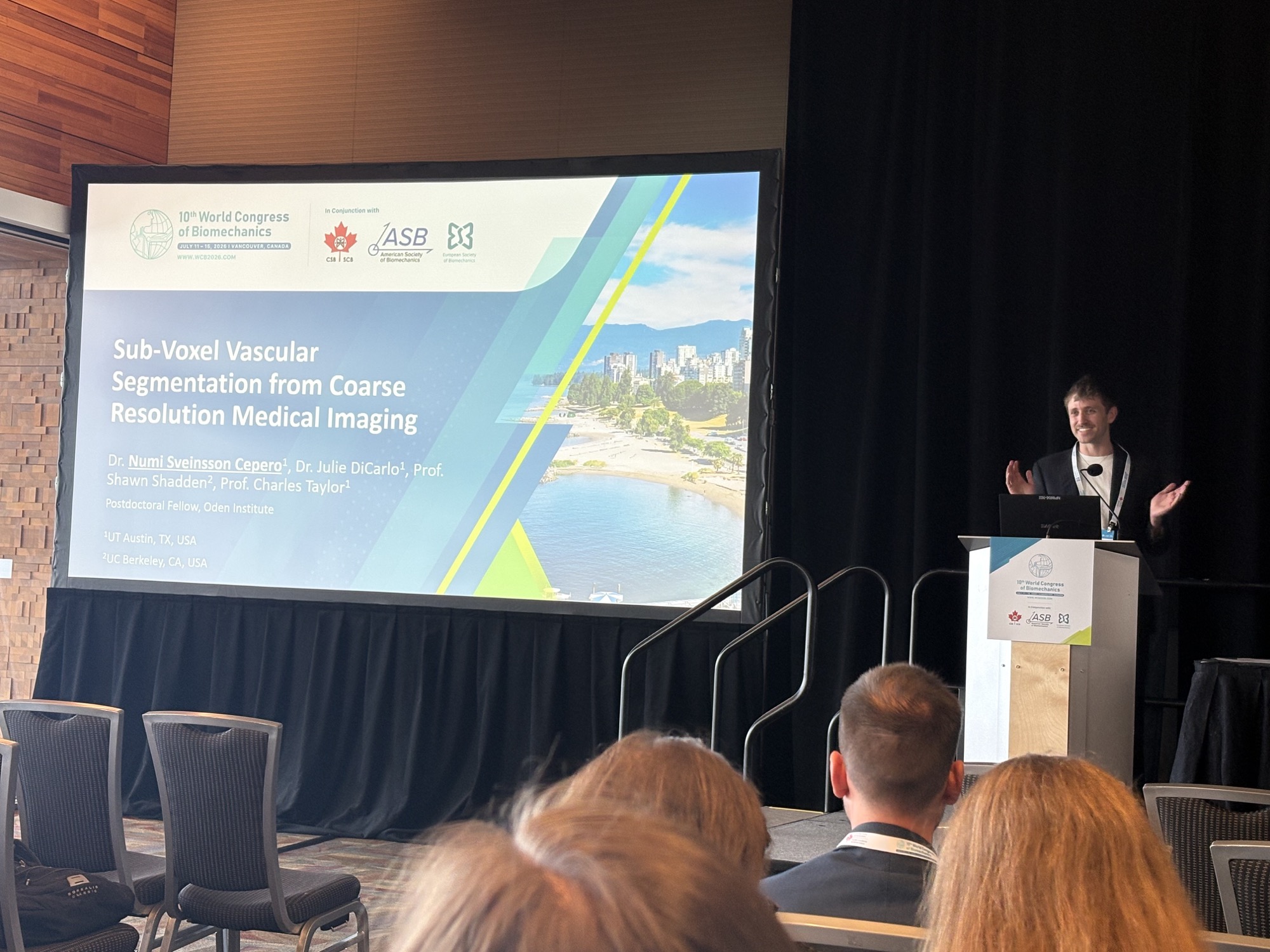Giving the oral presentation on sub-voxel vascular segmentation at WCB 2026 in Vancouver